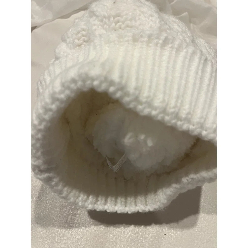 Just Cozy Knit Bonnet Women's Winter Ski Hat White Fur Pom Pom